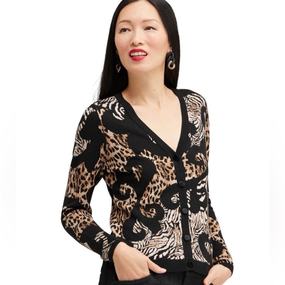 NWT Chico’s black tan Jacquard Animal Print Cardigan Sweater size xlarge